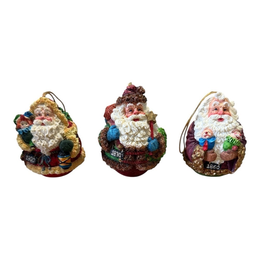 3 Roly Poly Santa Claus Ornaments 1830 1860 1900 Roman Inc Vtg 1993